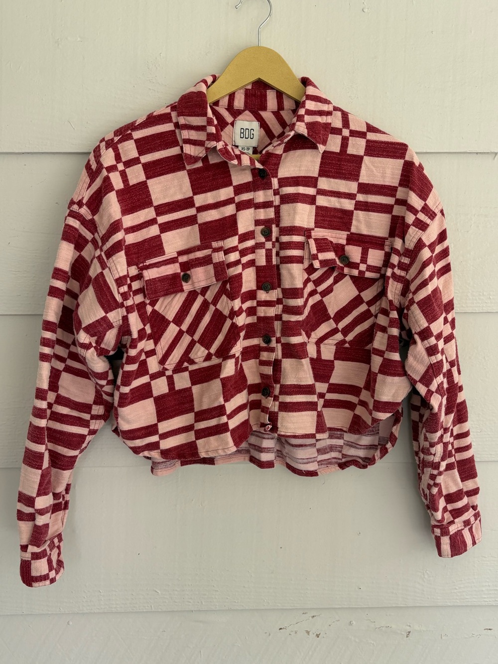BDG Urban Outfitters Pink Red Plaid Cropped Flannel Shirt Jacket XS